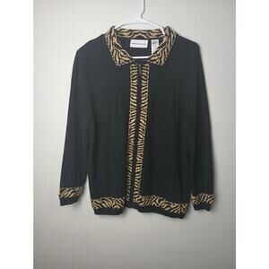 Vtg Alfred Dunner Animal Print Trim Black Full Zip Sweater Top Small Collar